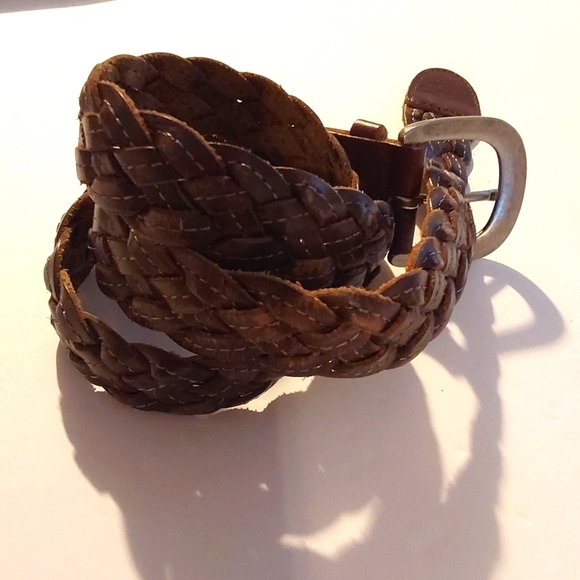 American Eagle Brown leather WOVEN braided Belt Silver Buckle Soft Sz.M/L - Picture 2 of 8
